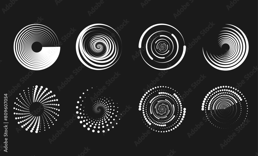 Fototapete Abstract round halftone frames, rotating dotted circles on black background. Dot circle pattern. Orange round halftone dot patterns. Spiral halftones frame. Set of swirl abstract ripple elements. PNG.