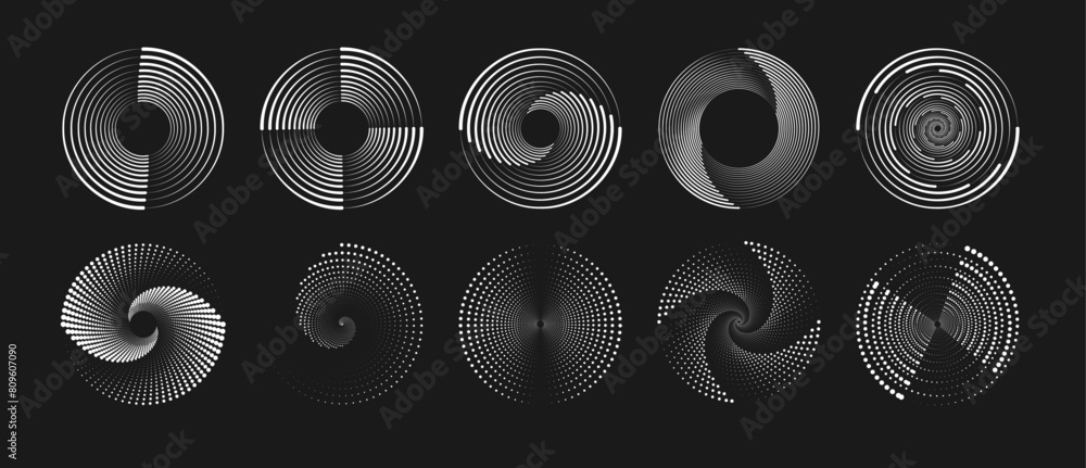 Leinwandbilder abstract round halftone frames, rotating dotted circles on black background. dot circle pattern. ora