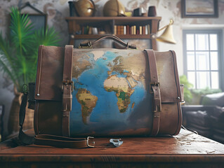 Map, camera and leather bag on wooden table. Top view.