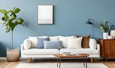 Grey sofa against blue wall with shelf. Scandinavian interior design of modern living room, home.