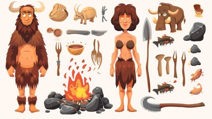 A caveman and woman from the Stone Age. Stone Age cartoon icons set of pelt, weapons, and mammoth tusks. Ancient hoofed animals, fried meat, and ancient fish. Isolated modern illustration.