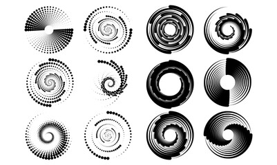 Dot circle pattern. Concentric vortex circles, circular ripple lines design. PNG. Dynamic abstract black spiral. White round dotted frames set isolated on black background.	