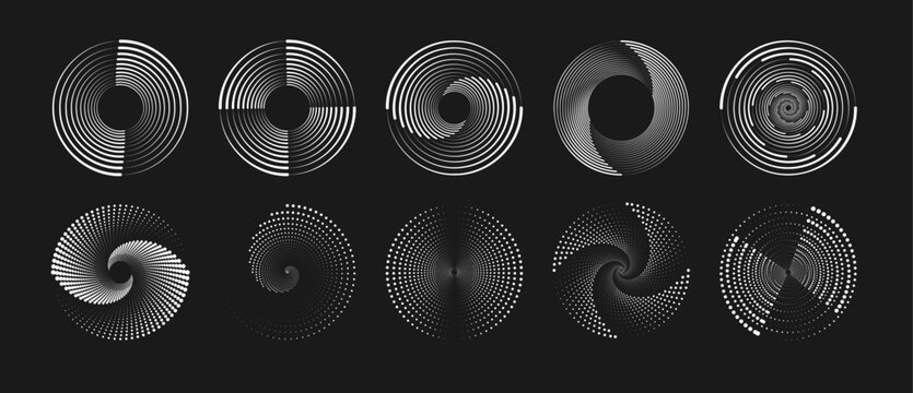 Abstract round halftone frames, rotating dotted circles on black background. Dot circle pattern. Orange round halftone dot patterns. Spiral halftones frame. Set of swirl abstract ripple elements. PNG