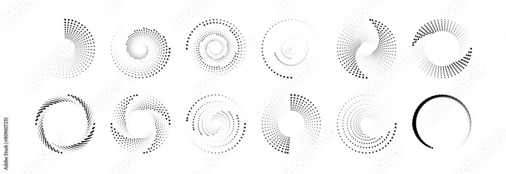 Aufkleber Halftone dot circle frame vector. Round dotted pattern geometric background.Abstract round halftone circle frames, rotating dotted circle shapes.	 PNG. 