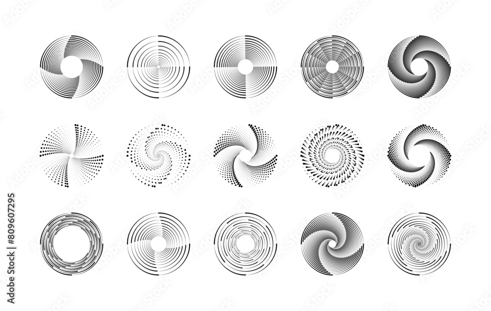 Aufkleber Dot circle pattern. Concentric vortex circles, circular ripple lines design. PNG. Dynamic abstract black spiral. White round dotted frames set isolated on black background.	