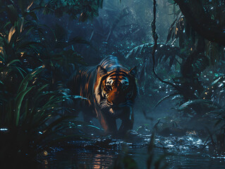 Amur tiger walks in a forest stream against dark green spruce forest. Tiger among water drops in a typical environment.