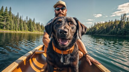 Man and his dog in wooden canoe.