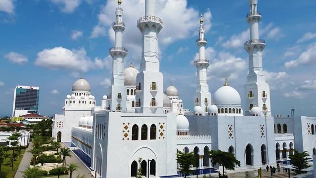 Aerial view of Masjid Raya Syeikh Zayed in Solo, Central Java, Indonesia. This mosque is a miniature mosque of Syeikh Zayed Grand Mosque in Abu Dhabi