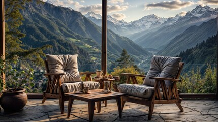 Interior of resort with beautiful forest scene