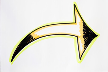 Cute bright neon, green and black arrow hand-drawn on a white background. The concept of movement,...