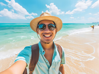 Young man with backpack smiling at camera on the beach and enjoying the freedom of taking a selfie on a sunny day. Wellbeing, healthy lifestyle and happy people concept