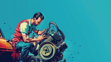 Auto mechanic fixing a vintage car engine