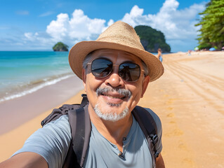 Elderly man with backpack smiling at camera on the beach and enjoying the freedom of taking a selfie on a sunny day. Wellbeing, healthy lifestyle and happy people concept