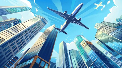 Highrise urban architecture, cartoon modern illustration of an airplane flying over skyscrapers from a low angle. Blue sky reflects on the windows of city towers.