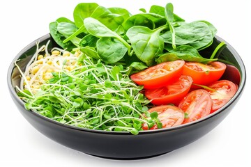 Green Salad, Crunchy Vegetables Green Mix in Round Black Bowl Isolated on White Background