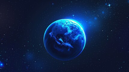 Banner with outer space and Earth globe with glow of atmosphere on edge, modern realistic illustration depicting planet with blue light on horizon from rising sun against black cosmos.