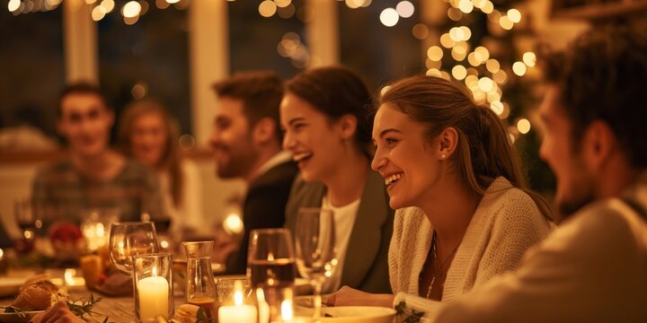 Group of friends sharing laughs and good times at a cozy dinner party with warm lighting