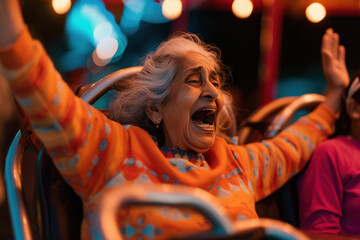 Obraz premium Senior woman enjoying roller Coaster ride