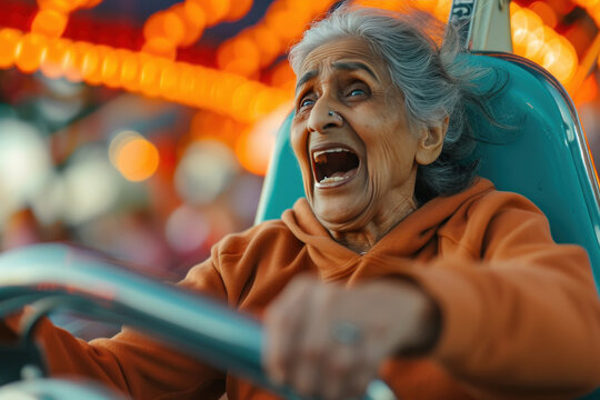 Senior woman enjoying roller Coaster ride