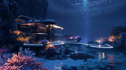 3D visualization of an underwater fantasy house, coral and marine flora architecture, bioluminescent lights illuminating the surrounding deep blue waters