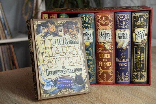 J.K. Rowling's Harry Potter books in various editions, evoking sense wonder and excitement for readers all ages, and celebrating power imagination and storytelling, Frankfurt - December 22, 2023