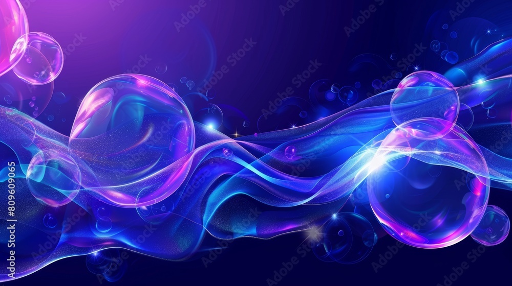 Poster the fluid motion of a detergent wave, soap flow, light effects with bubbles and glowing curves. the 