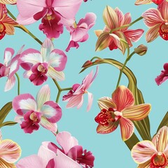 Exotic orchids in bloom, arranged in a seamless pattern against an isolated pastel turquoise background, ideal for tropical themes,seamless pattern