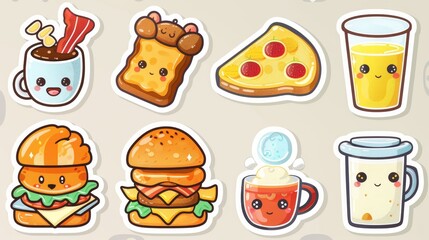Breakfast food kawaii characters. Stickers with toast, sandwiches with bacon and bread, coffee, corn flakes, milk, juice, pancakes, croissants, and milk bottles. Modern cartoon set.