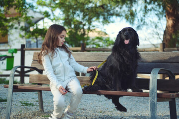 Little child nd her dog on the city bench in the nature outdoors. Cute child walking her dog on...