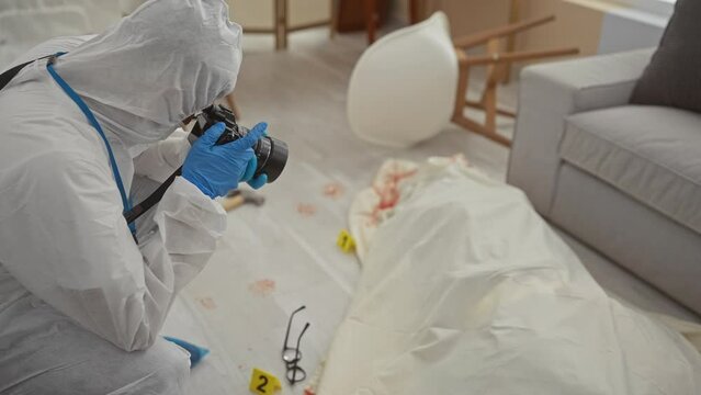 Forensic investigator photographs evidence at indoor crime scene with blood, body, camera, gloves, glasses.