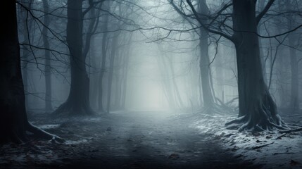 Fototapeta premium Mysterious Forest Path Leading Through Misty Woodlands At Dawn. Generative AI