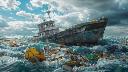Eerie photo of a dilapidated ship engulfed in a sea of plastic waste