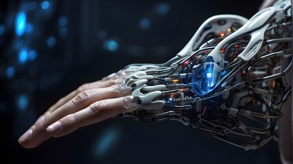 Biohacking concept with a hand that is half-human and half-cyborg. The possibility for human enhancement through technological developments and the convergence of biology and technology