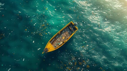 Aerial view of a boat amidst a sea of plastic pollution, showcasing environmental issues