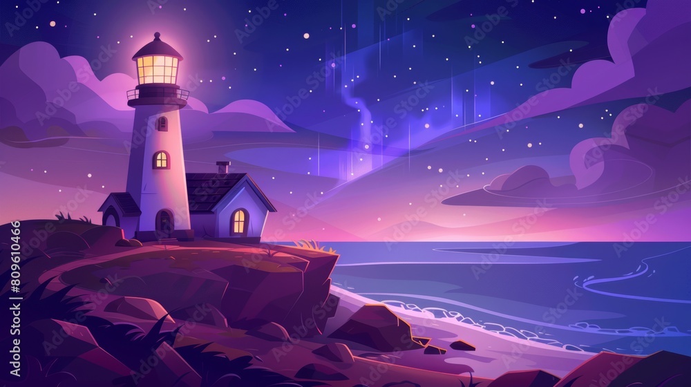 Poster a lighthouse on a seacoast with a beacon on a cliff, plus an isolated sky with aurora borealis. mode