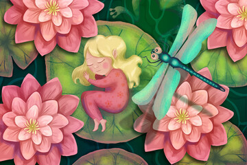Illustration with Slepping Thumbelina on a water lily leaf 