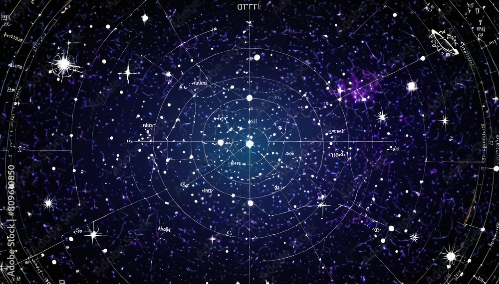 Poster cosmic exploration: abstract celestial map background featuring constellations and astronomical symb