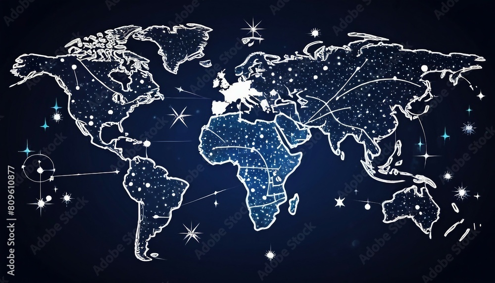 Poster cosmic exploration: abstract celestial map background featuring constellations and astronomical symb