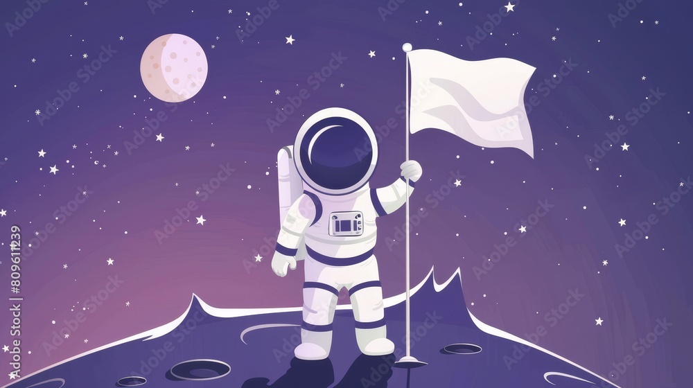 Poster an astronaut stands on the surface of an alien planet with a white flag. modern illustration of a fu