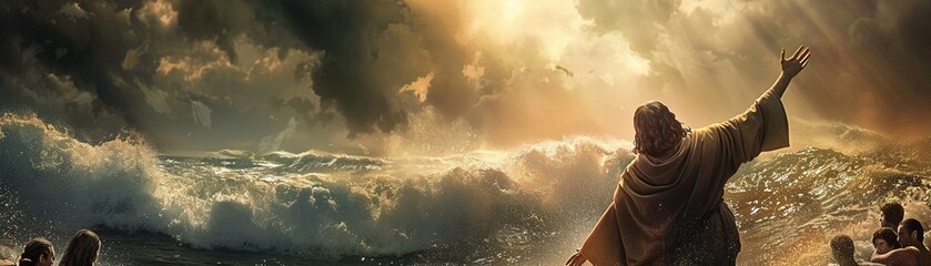 Obraz premium Jesus calming the storm his arms raised