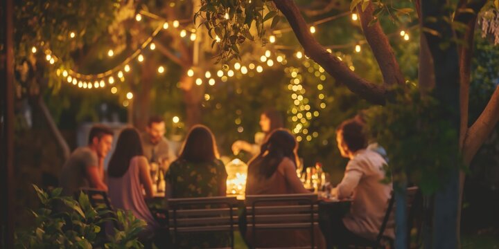 An intimate gathering of friends enjoying a meal under string lights in a cozy backyard setting as dusk falls, radiating warmth and community