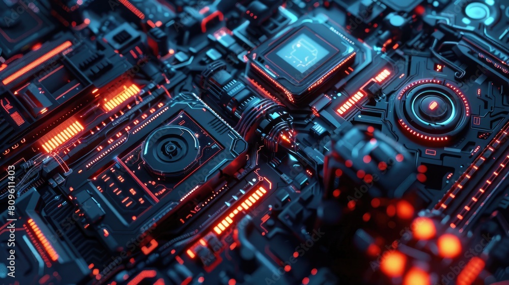 Poster the image is an abstract circuit board with glowing red and blue lights.