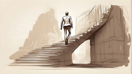 Sketch-style artwork of a businessman climbing a staircase, signifying achievement and the pursuit of objectives. The ability to persevere and advance in the business environment