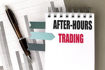 AFTER-HOURS TRADING text on notebook with chart on gray background