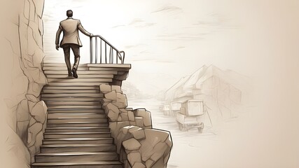 Sketch-style artwork of a businessman climbing a staircase, signifying achievement and the pursuit of objectives. The ability to persevere and advance in the business environment