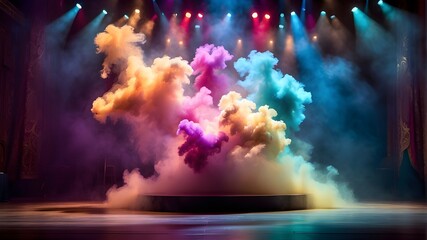 Vibrant stage in the glow of colored spotlights, with smoke adding an air of mystery and drama. The image captures the anticipation and excitement inherent in live performances