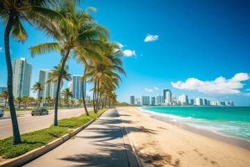 Tropical Beachfront Boulevard Lined With Palm Trees And Modern High-Rises. Generative AI