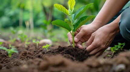 Human hand planting young plant in the garden. Earth day concept