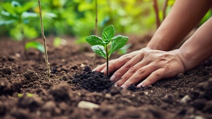 Human hand planting seedlings in fertile soil. Gardening and agriculture concept