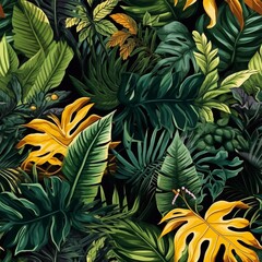 Seamless pattern with tropical jungle forest leaves exotic botanical illustration